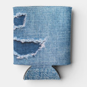 Rafraîchisseur Pour Canette Tissu en denim déchiré, teintes bleues. (Devant)