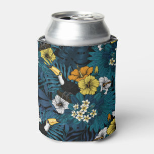 Rafraîchisseur Pour Canette Toucans et flore tropicale, bleu, jaune, orange