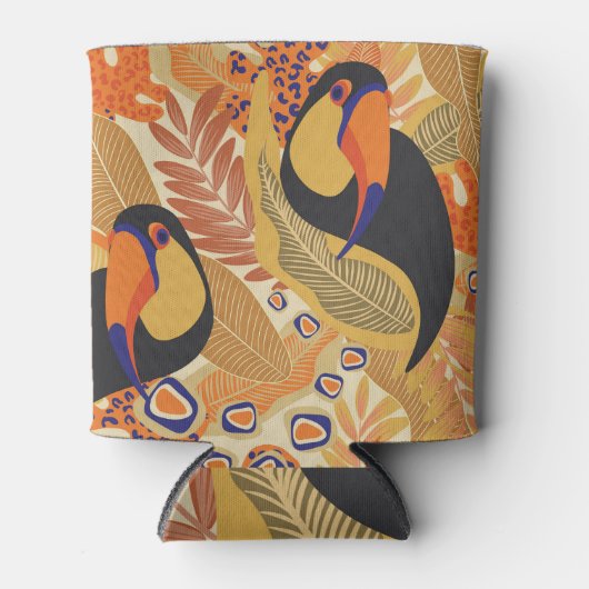 Rafraîchisseur Pour Canette Toucans sur branches, motif tropical sans soudure. (Devant)