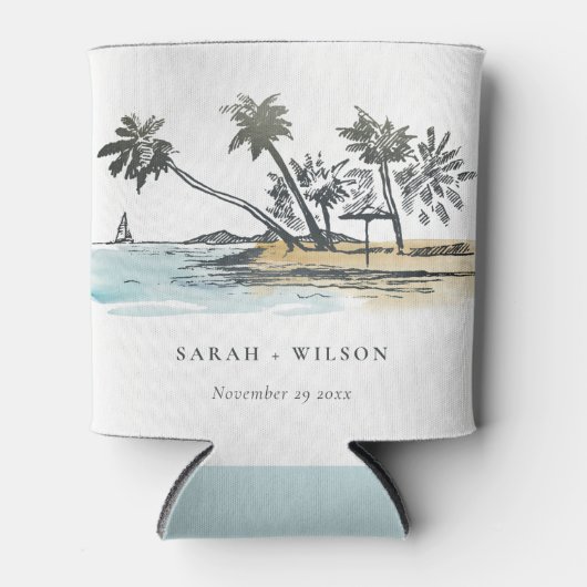 Rafraîchisseur Pour Canette Tropical Beach Palm Tree Sketch Mariage d'aquarell (Devant)