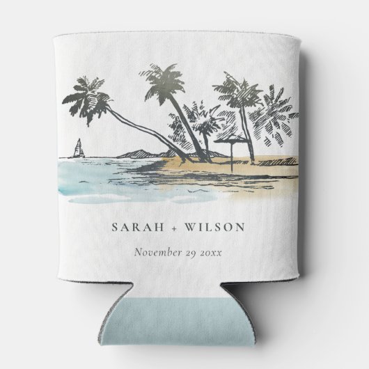 Rafraîchisseur Pour Canette Tropical Beach Palm Tree Sketch Mariage d'aquarell (Dos)