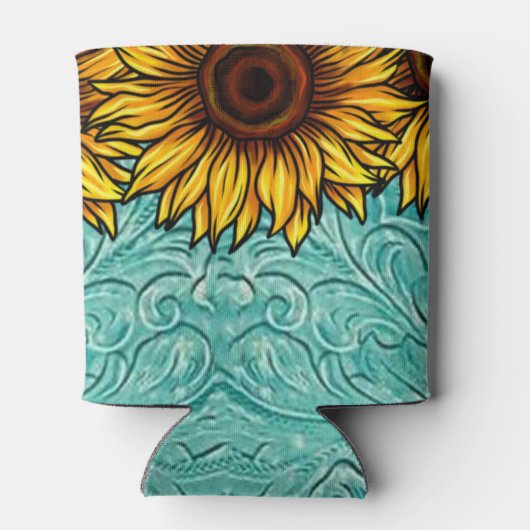 Rafraîchisseur Pour Canette Turquoise Leather Tooled Bright Sunny Sunflowers (Dos)