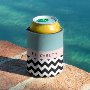 Rafraîchisseur Pour Canette Zigzag noir et blanc, Chevron, Bleu, Votre nom