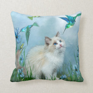 Ragdoll Kat and Hummingbird Art Designer Pillow Kussen