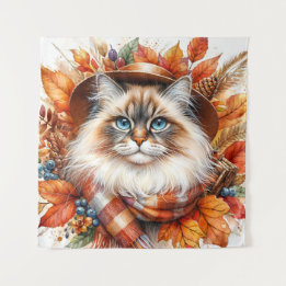 Ragdoll kat in de herfst met sjaal wandkleed