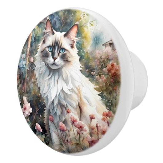 Ragdoll Kat in Engelse Tuin Keramische Knop (Rechts)