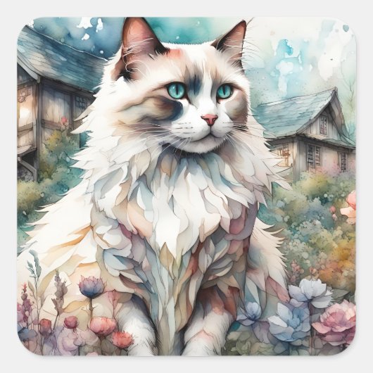 Ragdoll Kat in Engelse Tuin Vierkante Sticker (Voorkant)
