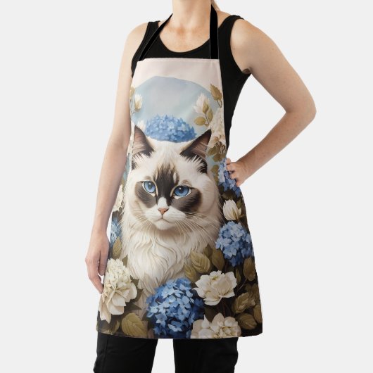 Ragdoll kat met blauwe hortensia bloemen schort (Insitu)