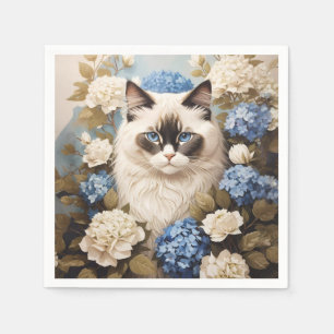 Ragdoll kat met blauwe hortensia bloemen servet