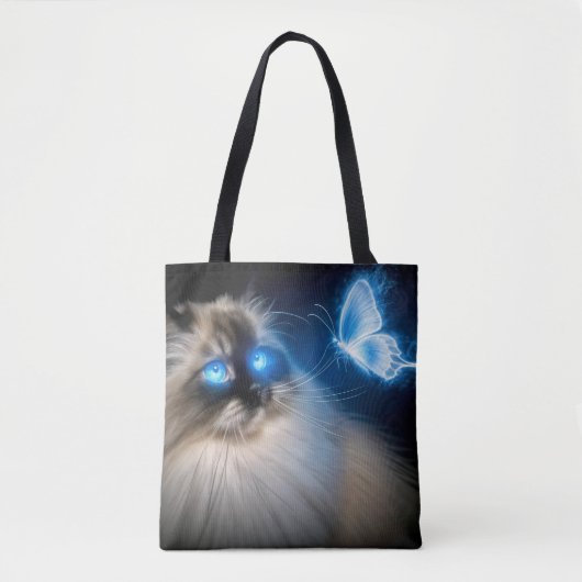 Ragdoll kat met blauwe neon vlinder draagtas (Voorkant)