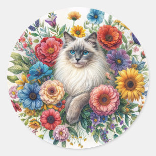 Ragdoll-kat tussen kleurrijke bloemen waterverf ronde sticker