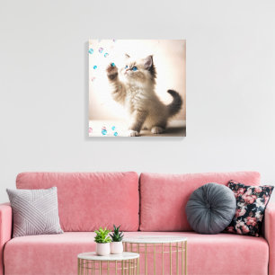 Ragdoll Kitten spelen met zeepbellen Canvas Afdruk