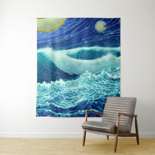 Raging Waves Blue Ocean Night Wandkleed