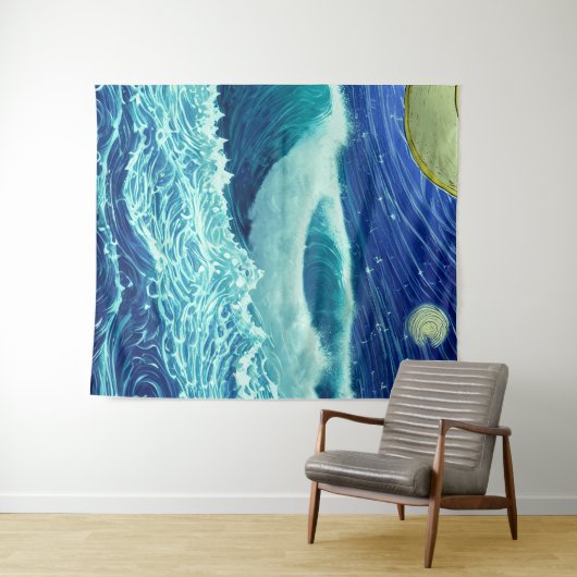Raging Waves Blue Ocean Night Wandkleed (In Situ (horizontaal))