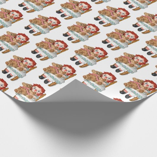 Ragpop en teddybeer op stoel cadeaupapier (Hoek)