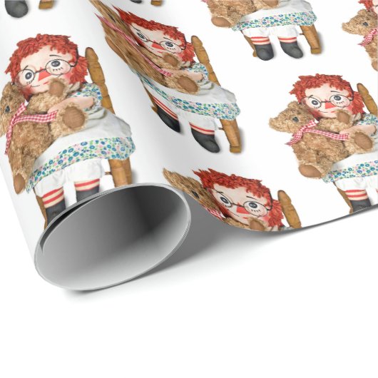 Ragpop en teddybeer op stoel cadeaupapier (Rol Hoek)