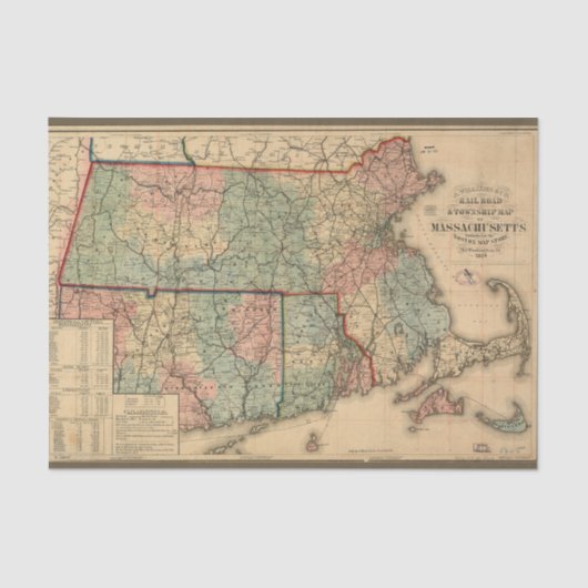 Rail Road Map of Massachusetts, 1879 Decoupage Tissuepapier (Voorkant)