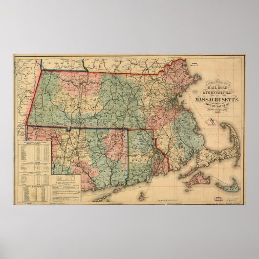 Rail Road & Township Map of Massachusetts, 1879 Poster (Voorkant)