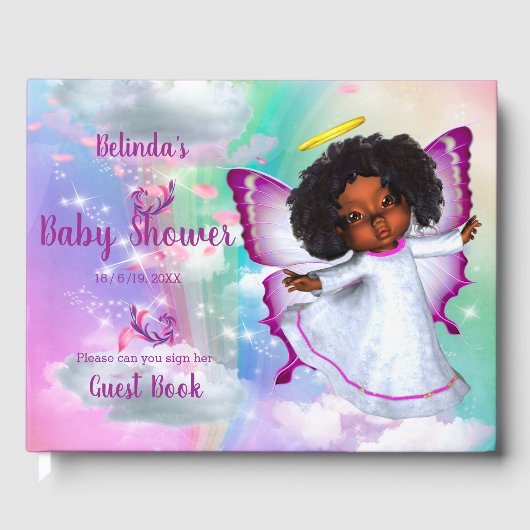 Rainbogen, fluffy clouds en Butterfly Baby Girl Gastenboek (Voorkant)