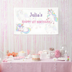 Rainboogekleur Unicorn baby meisjesverjaardag Spandoek