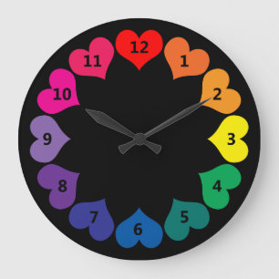 Rainboogkleur Harten op zwarte klok met cijfers