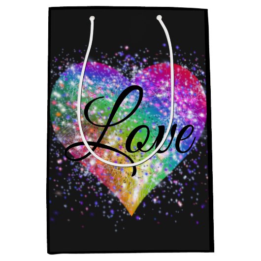 Rainboogkleuren die glitter hartenliefde veroorzak medium cadeauzakje (Voorkant)