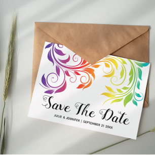 Rainboogkleuren scroll leaf lesbian Save the Date Aankondigingskaart