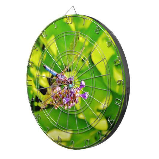 Rainboogkleurige Dragonfly op een paarse roze bloe Dartbord (Voorkant Rechts)