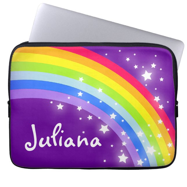 Rainboogkleurige kinderen naam paars laptop sleeve (Voorkant)