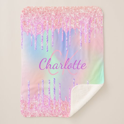 Rainbooglitter druppelt roze paarse monogram scrip sherpa deken (Voorkant)