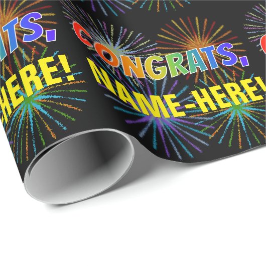 Rainboogpatroon "CONGRATS", aangepaste naam, Firew Cadeaupapier (Rol Hoek)