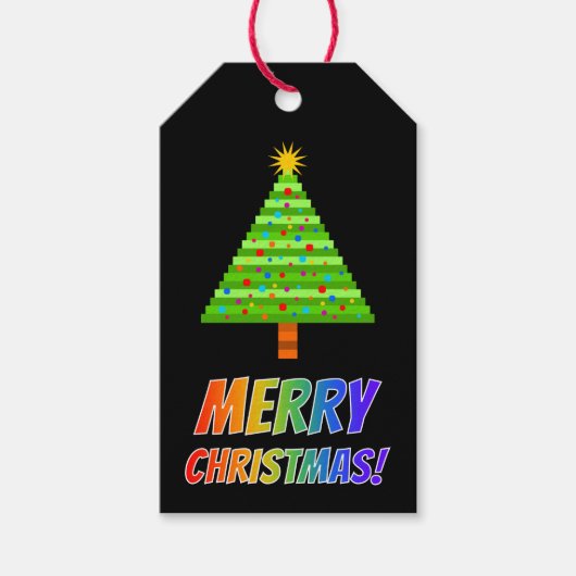 Rainboogtekst "MERRY CHRISTMAS!" + kerstboom Cadeaulabel (Voorkant)