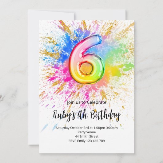 Rainbow 6th Birthday Invitation (Devant)