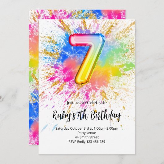 Rainbow 7th Birthday Invitation (Devant / Derrière)