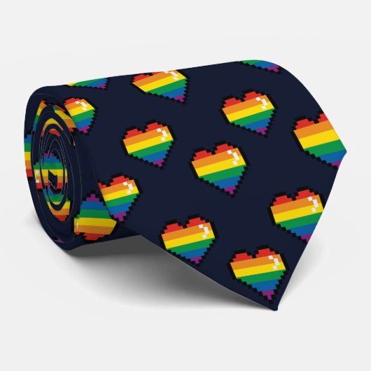 Rainbow 8 Bit Heart Pattern Stropdas (Opgerold)