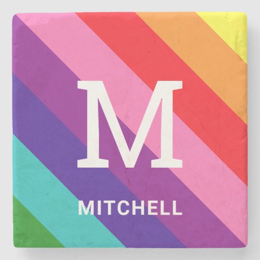 Rainbow 8 Stripe Gay Pride Custom Monogram Initiaa Stenen Onderzetter (Voorkant)
