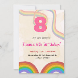 Rainbow 8th Birthday Party, Pink Girl Invitation Kaart