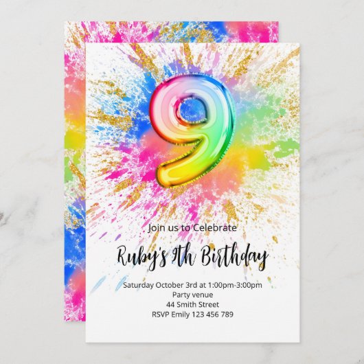 Rainbow 9th Birthday Invitation (Devant / Derrière)