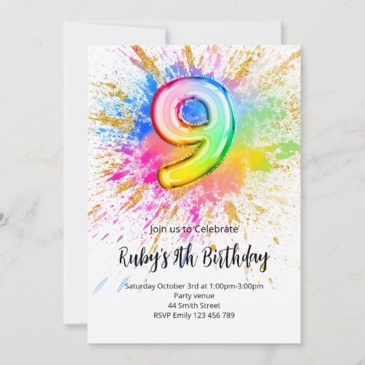 Rainbow 9th Birthday Invitation Kaart (Voorkant)
