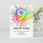 Rainbow 9th Birthday Invitation Kaart (Staand voorkant)