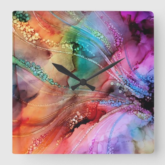 Rainbow Abstract Alcohol Ink Clock Vierkante Klok (Voorkant)