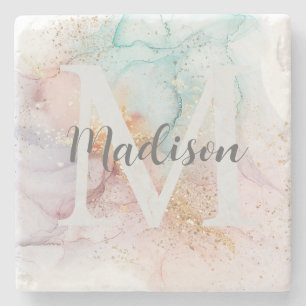 Rainbow Alcohol Ink & Gold Glitter Monogram Naam Stenen Onderzetter