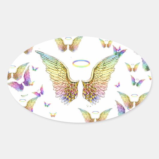 Rainbow Angel Wings en Halos Ovale Sticker (Voorkant)