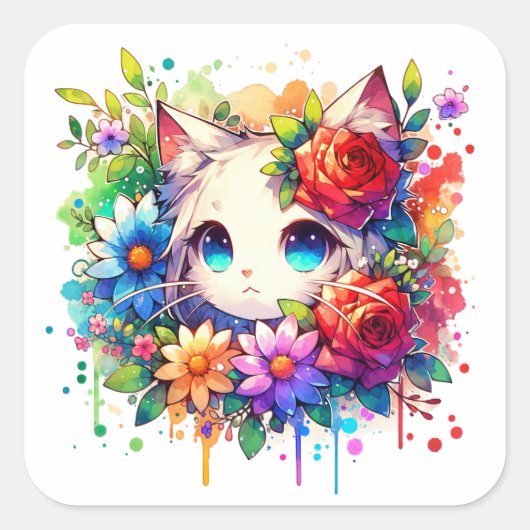 Rainbow Anime Kitten Verjaardag Vierkante Sticker (Voorkant)