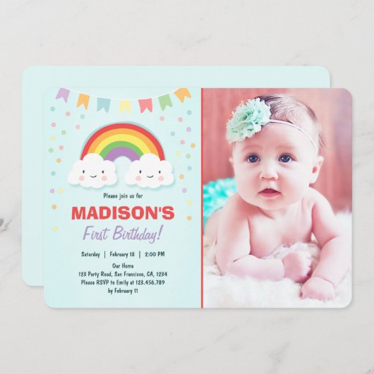 Rainbow Anniversaire Fête Invitation Fille Confett (Devant / Derrière)