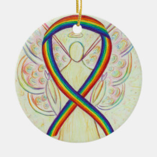 Rainbow Awareness Ribbon Angel Custom Art Ornaming Keramisch Ornament