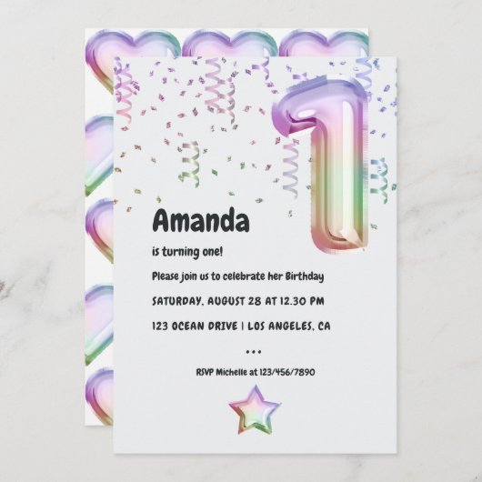 Rainbow Balloon 1er Noël Invitation d'anniversaire (Devant / Derrière)