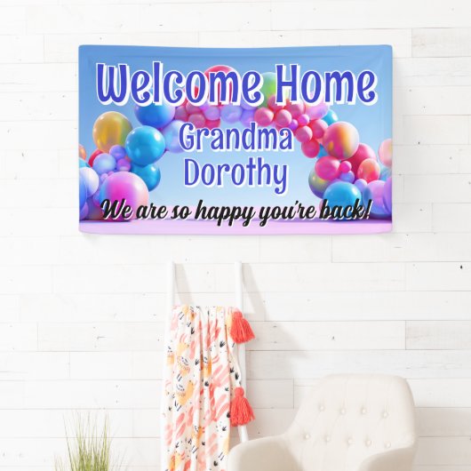 Rainbow Balloon Arch Custom Welkom Home Sign Spandoek (Insitu)