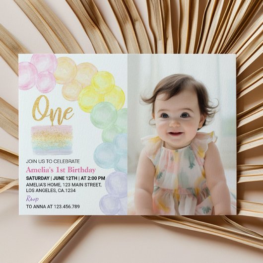Rainbow Balloon First Birthday Photo Invitation