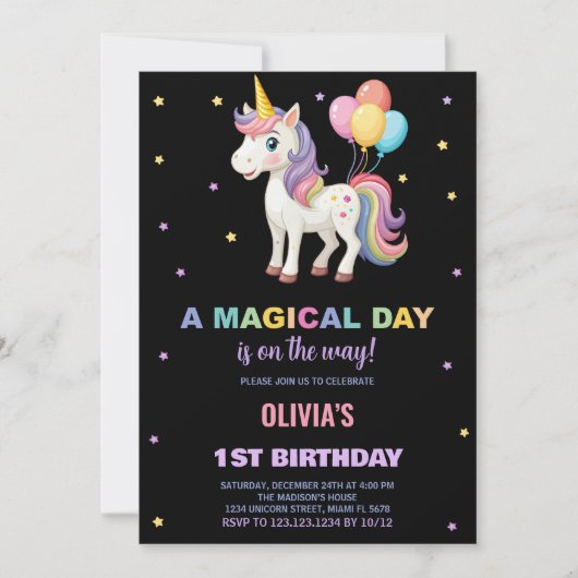 Rainbow Balloons Unicorn Invitations d'anniversair (Devant)